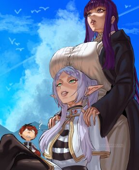 1boy 2girls ? absurdres black_pantyhose black_robe blue_sky blunt_bangs breast_rest breasts breasts_on_head capelet crossed_legs dress earrings elf fern_(sousou_no_frieren) frieren hair_over_shoulder hands_on_another&#039;s_shoulders head_back highres jewelry kaosottehkob large_breasts long_hair long_pointy_ears looking_up making-of_available meme multiple_girls pantyhose parted_bangs parted_lips perversion_of_canon pointy_ears purple_eyes purple_hair robe shirt sidelocks signature sitting sky sousou_no_frieren standing stark_(sousou_no_frieren) straight_hair striped_clothes striped_shirt teardrop_earrings upward_angle_frieren_drawing_(meme) white_capelet white_dress white_hair