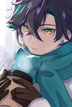 Rule 34 | 1boy, alternate costume, arms up, black gloves, black hair, commentary request, cup, diamond-shaped pupils, diamond (shape), disposable cup, earrings, genshin impact, gloves, green hair, green scarf, highres, holding, holding cup, jewelry, kinich (genshin impact), long sleeves, male focus, multicolored eyes, multicolored hair, necoco112061, parted bangs, parted lips, piercing, scarf, solo, streaked hair, symbol-shaped pupils, upper body