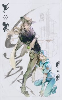 Rule 34 | 2boys, absurdres, ball, beanie, belt, belt buckle, blonde hair, blue eyes, blue hat, blue hoodie, blue pants, brown hat, buckle, cape, chess piece, commentary request, cowboy hat, danny (sbr), ffeine, full body, goggles, goggles on headwear, golden spiral, grey belt, grey cape, grey pants, gyro zeppeli, hat, heart ornament, highres, holding, holding ball, hood, hood down, hoodie, horse, horseshoe, horseshoe hat ornament, horseshoe ornament, hugging another's leg, johnny joestar, jojo no kimyou na bouken, kneeling, knight (chess), korean commentary, long hair, male focus, medium hair, multiple boys, pants, purple shirt, shirt, short sleeves, silhouette, spurs, standing, star (symbol), star print, steel ball (jojo), steel ball run, wristband