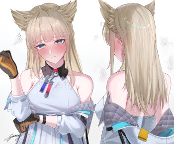 Rule 34 | 1girl, absurdres, arknights, arknights: endfield, bare shoulders, black gloves, blonde hair, blue eyes, blush, breasts, closed mouth, collared dress, commentary request, contrast collar, dress, from behind, gloves, grey jacket, highres, jacket, long hair, long sidelocks, looking at viewer, medium breasts, miya-chan (lightning0730), multicolored gloves, multiple views, off shoulder, open clothes, open jacket, paid reward available, perlica (arknights), sideboob, sidelocks, signature, simple background, sleeveless, sleeveless dress, solo, two-tone gloves, upper body, white background, white dress, yellow gloves, yellow pupils