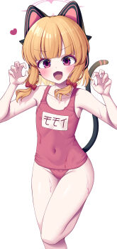>:) 1girl absurdres alternate_costume animal_ear_headphones animal_ears bare_arms bare_legs bare_shoulders blonde_hair blue_archive blush cat_ear_headphones cat_ears cat_tail claw_pose collarbone commentary covered_navel fake_animal_ears foot_out_of_frame halo headphones heart highres looking_at_viewer metaljelly momoi_(blue_archive) name_tag one-piece_swimsuit open_mouth red_eyes red_one-piece_swimsuit short_hair simple_background smile solo sparkling_eyes standing standing_on_one_leg swimsuit symbol-only_commentary tail tareme thighs v-shaped_eyebrows wet white_background