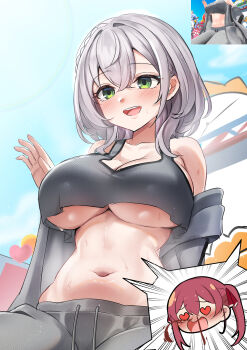2girls :3 absurdres aroused_nosebleed blood blush breasts commentary cowboy_shot crop_top crop_top_overhang double-parted_bangs emphasis_lines green_eyes grey_hair grey_pants grey_tank_top hand_up heart heart-shaped_eyes highres hololive houshou_marine jaw_drop large_breasts littleloli medium_hair multiple_girls navel nose_blush nosebleed open_mouth pants raised_inner_eyebrows red_hair reference_inset shirogane_noel stomach sweat tank_top twintails underboob virtual_youtuber