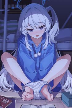 1girl barefoot blue_archive blue_halo blue_hoodie blush book butterfly_sitting casual halo highres hood hood_down hoodie miyako_(blue_archive) miyako_(young)_(blue_archive) no_pants official_alternate_costume one_side_up open_mouth panties panty_pull polka_dot polka_dot_panties pornography purple_eyes reading ripnte sitting solo underwear white_hair white_panties