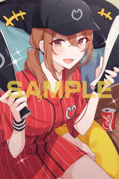 Rule 34 | +++, 1girl, :d, barefoot, black hat, blush, breasts, brown eyes, brown hair, can, commentary request, double-parted bangs, hair between eyes, hat, holding, indoors, kohinata iroha (imouuzai), long shirt, looking at viewer, lower teeth only, medium hair, official art, open mouth, red shirt, second-party source, shirt, short sleeves, short twintails, sidelocks, sitting, smile, solo, sparkle, striped clothes, striped shirt, teeth, tomari (veryberry00), tomodachi no imouto ga ore ni dake uzai, twintails