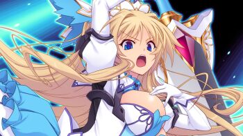 1girl :o angry arm_up blonde_hair blue_eyes breasts cleavage cropped dress elbow_gloves erika_la_etienne floating_hair frills game_cg gem gloves hair_intakes hair_ornament headdress holding holding_sword holding_weapon kourin_tenshi_en_ciel_rena large_breasts large_variant_set long_hair looking_at_viewer magical_girl non-web_source official_art open_mouth puffy_sleeves saitou_natsuki shouting solo suhamaya sword upper_body v-shaped_eyebrows variant_set very_long_hair weapon white_gloves