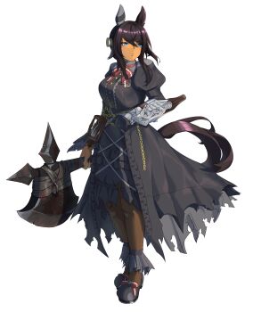 1girl absurdres animal_ears axe black_boots black_dress black_hair black_nails black_pantyhose blue_eyes blush boots bow breasts closed_mouth commentary_request dark-skinned_female dark_skin dress ear_covers full_body gem gold_trim hair_ornament highres horse_ears horse_girl juliet_sleeves long_hair long_sleeves looking_at_viewer medium_breasts object_through_head official_alternate_costume official_alternate_hairstyle oscnordin pantyhose puffy_sleeves red_bow screw_in_head simple_background single_ear_cover smile solo symboli_kris_s_(jetblack_automaton)_(umamusume) symboli_kris_s_(umamusume) transparent_background umamusume weapon