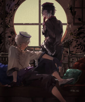 Rule 34 | 2boys, akutagawa ryuunosuke (bungou stray dogs), alternate costume, black gloves, black hair, black pants, black streaks, braid, braided sidelock, bungou stray dogs, closed mouth, clothing request, colored tips, commentary request, fingerless gloves, gloves, hiba riko, highres, looking at another, male focus, multicolored hair, multiple boys, nakajima atsushi (bungou stray dogs), pants, red eyes, short hair, sitting, standing, twitter username, white hair, window