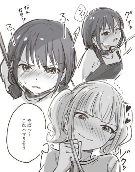 2girls blush closed_mouth collar commentary_request girls_band_cry greyscale heart highres hina_(girls_band_cry) holding holding_leash iseri_nina leash monochrome multiple_girls parted_lips short_twintails smile soko_kikuchi speech_bubble sweat tank_top thought_bubble translation_request twintails yuri
