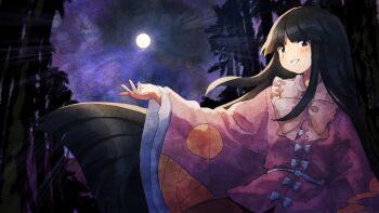 Rule 34 | 1girl, black eyes, bow, bowtie, commentary request, commission, highres, houraisan kaguya, long hair, moon, night, pink bow, pink bowtie, pink shirt, retrochaossan, shirt, sidelocks, skeb commission, solo, touhou, wide sleeves