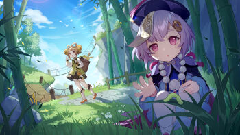 2girls :o absurdres backpack_basket bag bamboo bamboo_forest bandaged_leg bandages basket bead_necklace beads bell bird black_skirt bloomers blue_dress blue_sky blunt_bangs blush boots bow bow-shaped_hair braid bridge brown_eyes brown_hair bug cape capelet chinese_clothes cloud coin_hair_ornament commentary_request day dress eyelashes flock flower forest fur-trimmed_boots fur_trim genshin_impact grass green_jacket hair_bell hair_between_eyes hair_ornament hands_up hat hat_tassel highres jacket jewelry jingle_bell lens_flare light_rays long_hair long_sleeves looking_at_viewer looking_back mountain multiple_girls nature necklace ofuda open_mouth orange_bow outdoors outstretched_hand panpanmeiyou_hp path puffy_long_sleeves puffy_sleeves purple_cape purple_capelet purple_eyes purple_hair purple_headwear qingdai_guanmao qiqi_(genshin_impact) road rock sayu_(genshin_impact) shirt sidelocks skirt sky sleeveless sleeveless_jacket squatting standing sunbeam sunlight tassel teeth thighhighs underwear upper_teeth_only very_long_hair white_bloomers white_flower white_footwear white_shirt white_thighhighs wide_sleeves wooden_bridge worm yaoyao_(genshin_impact) yuegui_(genshin_impact)