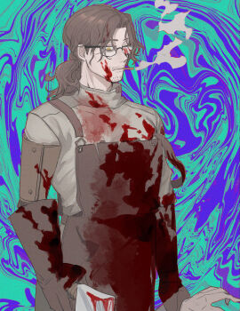 1boy abstract_background absurdres alternate_costume amputee apron aqua_background arms_at_sides bags_under_eyes black-framed_eyewear black-framed_glasses blood blood_in_hair blood_on_cheek blood_on_clothes blood_on_face blood_on_hands blood_splatter blood_stain bloody_weapon blue_background brown_hair cigarette cleaver cowboy_shot facial_hair glasses gloves green_background gregor_(project_moon) guro hair_between_eyes half-closed_eyes highres holding holding_cleaver holding_knife holding_limb hand_on_own_arm holding_weapon jitome joints kitchen_knife knife limbus_company long_hair long_sleeves looking_down looking_to_the_side low_ponytail male_focus mechanical_arms mouth_hold official_alternate_costume parted_bangs parted_lips photoshop_(medium) ponytail project_moon prosthesis prosthetic_arm r.b._(identity)_(project_moon) sanpaku semi-rimless_eyewear shirt simple_background single_mechanical_arm smoke smoking solo standing stubble turtleneck turtleneck_shirt uibou00000 under-rim_eyewear upper_body weapon white_shirt yellow_eyes