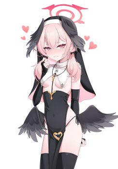1girl absurdres black_panties black_thighhighs black_wings blue_archive blush breasts bridal_gauntlets closed_mouth clothing_cutout commentary_request covered_navel crotch_cutout feathered_wings hair_between_eyes hair_over_shoulder halo hand_up head_wings heart heart_cutout highres kisa_(leg3043) koharu_(blue_archive) long_hair looking_at_viewer low_twintails low_wings nose_blush nun panties pelvic_curtain pink_eyes pink_hair side-tie_panties simple_background small_breasts solo thighhighs twintails underwear veil white_background wings