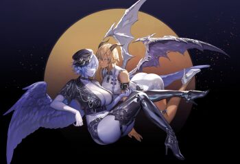 Rule 34 | 2girls, armlet, ass, belt, black footwear, black shorts, blonde hair, blue eyes, boots, breasts, brown horns, colored skin, dark-skinned female, dark skin, feathered wings, grey nails, grey skin, high heel boots, high heels, horns, jacket, jewelry, large breasts, leather, leather jacket, midriff, multiple girls, nail polish, ohayosayonara, original, pointy ears, short hair, short shorts, short sleeves, shorts, sitting, thigh boots, thigh strap, thighhighs, white footwear, wings