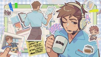 1boy :3 anger_vein animal animification beef_(dispatch) belt belt_buckle black_belt blue_shirt brown_hair brown_pants buckle chibi clipboard closed_eyes coffee_mug collared_shirt commentary contrapposto cup dispatch dog english_text headphones headphones_around_neck headset holding holding_animal holding_clipboard holding_cup holding_dog holding_paper holding_photo looking_to_the_side mug multiple_views one_eye_closed open_collar pants paper photo_(object) rei100 robert_robertson shirt shirt_tucked_in short_hair sideways_glance sticker sticky_note symbol-only_commentary