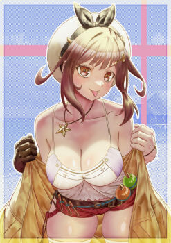 1girl :p atelier_(series) atelier_ryza atelier_ryza_1 bare_shoulders belt beret black_bow blue_background blue_belt border bow bracelet breasts brown_belt brown_eyes brown_gloves brown_hair camisole cleavage clover_hair_ornament collarbone commentary_request cowboy_shot four-leaf_clover_hair_ornament gloves hair_ornament hat hat_bow jacket jewelry large_breasts leaning_forward medium_hair necklace oota_kazuhiro open_clothes open_jacket outline potion red_shorts reisalin_stout short_shorts shorts single_glove solo star_(symbol) star_necklace tongue tongue_out undressing white_camisole white_hat white_outline yellow_jacket