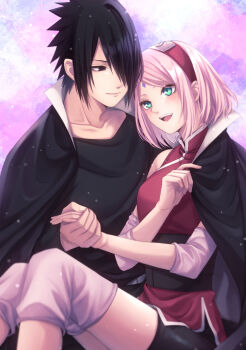 1boy 1girl :d black_cloak black_eyes black_hair black_shirt black_shorts cloak closed_mouth couple dress facial_mark forehead_mark green_eyes hair_over_one_eye haruno_sakura hetero highres holding_hands looking_at_another mochiii-s naruto:_the_last naruto_(series) open_cloak open_clothes open_mouth pink_hair red_dress shirt short_hair shorts sitting sitting_on_lap sitting_on_person smile teeth uchiha_sasuke upper_teeth_only