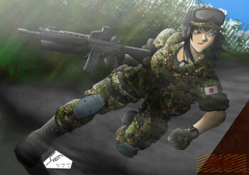 absurdres action artist_name assault_rifle battle_rifle black_hair boots brown_eyes cloud cloudy_sky deviantart_username digital_watch dogtags eotech finger_on_trigger fist gloves goggles grass grenade_launcher gun hat headset highres japan_ground_self-defense_force japan_self-defense_force japanese_flag knee_pads looking_to_the_side m203 military military_hat military_uniform original panzerfire path pixiv_username ponytail rifle road running sky type_89_grenade_discharger underbarrel_grenade_launcher watch weapon