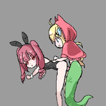 1futa 1girl animated animated_gif blonde_hair breasts from_behind futa_with_female futanari hair_ribbon hanazono_yurine hood hyperlolicrisis jashin-chan jashin-chan_dropkick nipples penis pixel_art rabbit_ears red_eyes red_hair ribbon sex small_breasts snake_tail tail twintails