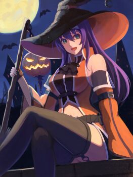1girl bat_(animal) belt black_gloves black_shorts black_thighhighs blue_hair breasts broom clothing_cutout detached_sleeves fingerless_gloves fire_emblem fire_emblem:_path_of_radiance fire_emblem:_radiant_dawn fire_emblem_heroes from_below full_moon gloves green_eyes hairband halloween halloween_costume hat headband highres holding holding_broom jack-o&#039;-lantern labebebe_lee large_breasts long_hair looking_at_viewer mia_(fire_emblem) mia_(halloween)_(fire_emblem) midriff moon navel navel_cutout night night_sky nintendo official_alternate_costume open_mouth orange_sleeves outdoors purple_hair shorts sideboob sitting sky sleeveless smile solo stomach thick_thighs thighhighs thighs white_headband witch witch_hat