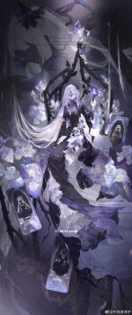 1girl absurdres bell_sleeves black_choker black_dress black_jacket blunt_bangs blunt_sidelocks branch bug butterfly cage chinese_commentary choker cropped_jacket cross cross_choker dress dress_flower floating_card floral_print floral_print_dress flower flower_over_eye frilled_dress frilled_sleeves frills full_body gloves glowing_butterfly hair_flower hair_flowing_over hair_ornament hand_up highres insect iris_(flower) iris_print jacket layered_dress light_particles long_dress long_hair long_sleeves looking_to_the_side multiple_views one_eye_covered open_clothes open_jacket original parted_lips print_dress projected_inset purple_butterfly purple_eyes senryoko sidelocks sitting solo too_many_watermarks turtleneck turtleneck_dress two-tone_dress very_long_hair watermark weibo_watermark white_dress white_flower white_gloves