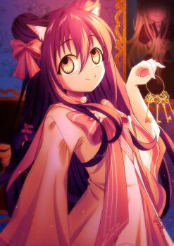 Rule 34 | 1girl, absurdres, aida24 7, animal ear fluff, animal ears, artist name, bell, bow, cat ears, cat girl, cat tail, character request, choker, closed mouth, commentary, copyright request, dress, english commentary, eyelashes, glint, hair between eyes, hair bun, highres, holding, holding key, indoors, instagram logo, instagram username, key, light particles, long hair, long sleeves, neck bell, picture frame, pink bow, pink choker, pink dress, purple hair, single hair bun, smile, solo, split mouth, tail, tail bow, tail ornament, twitter logo, twitter username, yellow eyes