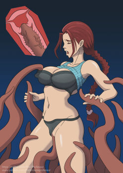 1girl braid braided_ponytail breasts clothed_sex clothes_lift highres lara_croft large_breasts self-upload solo sports_bra tentacle_pit tentacle_sex tentacles the_tentacle_professor tomb_raider x-ray