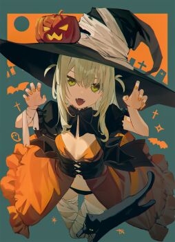 1girl :d animal bandaged_leg bandages black_bow black_cat black_hat black_wings blue_background bow breasts cat claw_pose commentary_request cropped_legs dress fangs frilled_dress frills from_above green_eyes green_hair hair_between_eyes halloween hands_up hat highres jack-o&#039;-lantern looking_at_viewer looking_up mini_wings nagishiro_mito nail_polish open_mouth orange_dress orange_nails original puffy_short_sleeves puffy_sleeves short_sleeves shrug_(clothing) small_breasts smile solo two_side_up wings witch_hat