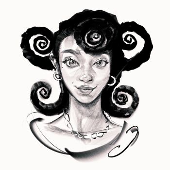 Rule 34 | 1girl, chain, chain necklace, colehairlesscat, commentary, earrings, english commentary, eyelashes, greyscale, highres, hoop earrings, jewelry, monochrome, necklace, original, portrait, simple background, smile, tentacle hair, white background