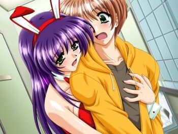 1boy 1girl animal_ears blush breasts cleavage fake_animal_ears long_hair playboy_bunny purple_hair rabbit_ears short_hair smile tottemo_pheromone tsunashima_erika