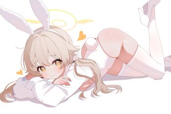 1girl absurdres animal_ear_hairband animal_ears ass blonde_hair blue_archive breasts cleavage closed_mouth commentary cropped_jacket crossed_arms crossed_bangs double-parted_bangs fake_animal_ears fake_tail feet_up hair_between_eyes hair_flaps hairband head_rest heart hifumi_(blue_archive) high_heels highres jacket leotard long_hair looking_at_viewer low_twintails lying on_stomach playboy_bunny rabbit_ear_hairband rabbit_ears rabbit_tail shoes shusuchii simple_background small_breasts smile solo symbol-only_commentary tail the_pose thighhighs twintails white_background white_jacket white_leotard white_shoes white_thighhighs winged_hair_ornament yellow_eyes