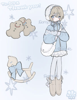 1girl am314 blue_background blue_bow blue_eyes blue_jacket blush boots bow brown_boots brown_hair commentary_request commission earmuffs footwear_bow gingerbread_man gloves grey_pantyhose hairband highres jacket looking_at_viewer original pantyhose parted_lips rocking_horse sample_watermark short_hair simple_background skeb_commission skirt snowflakes solo watermark white_gloves white_hairband white_skirt winter_clothes