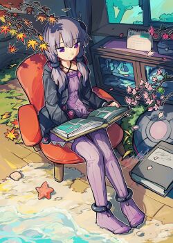 1girl autumn_leaves black_jacket book branch cabinet calendar_(object) cherry_blossoms commentary criss-cross_halter doggo_1d34 dress falling_petals grass hair_ornament halterneck highres holding holding_book jacket leaf open_book petals purple_dress purple_eyes purple_hair purple_thighhighs reading sidelocks sitting smile solo starfish thighhighs voiceroid yuzuki_yukari