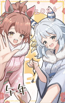 Rule 34 | 2girls, ahoge, animal ears, blue kimono, blush, bow, breasts, brown eyes, brown hair, calligraphy, calligraphy brush, checkered ribbon, commentary request, dantsu flame (umamusume), ear covers, ear ribbon, grey hair, hair between eyes, hairband, highres, hishi miracle (umamusume), holding, holding calligraphy brush, holding paintbrush, horse ears, horse girl, ink, ink on face, japanese clothes, kimono, large breasts, looking at viewer, medium breasts, medium hair, multicolored hair, multiple girls, open mouth, paintbrush, pink hairband, pink kimono, smile, sunanuko (ramuneko), umamusume, white hair