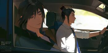2boys absurdres black_hair black_shirt blue_necktie cao_cao_(shin_sangoku_musou) car_interior closed_eyes closed_mouth collarbone commentary_request contemporary driving hair_between_eyes hair_over_shoulder highres long_hair male_focus multiple_boys necktie p3ach0520 ponytail seatbelt shin_sangoku_musou shin_sangoku_musou_origins shirt sidelocks sleeping sleeves_rolled_up undershirt upper_body white_shirt xun_yu_(shin_sangoku_musou)