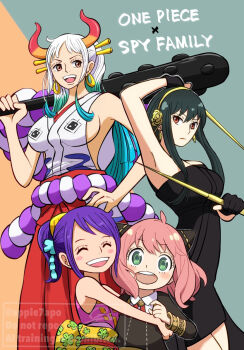 4girls anya_(spy_x_family) apple7apo bare_arms bare_shoulders black_dress black_hair breasts closed_mouth dress earrings english_text gradient_hair green_eyes hakama hayami_saori holding holding_weapon horns japanese_clothes jewelry kimono kurozumi_tama long_hair medium_breasts multicolored_hair multiple_girls one_piece open_mouth pink_hair purple_hair red_eyes red_hakama school_uniform short_hair sideboob smile spy_x_family voice_actor_connection weapon white_hair yamato_(one_piece) yor_briar