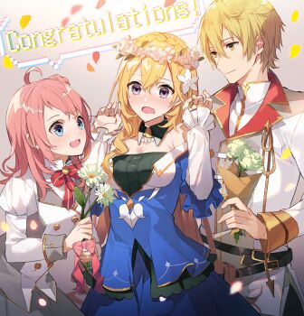 1boy 2girls :d ahoge aiguillette armpit_crease arms_up bare_shoulders belt belt_buckle black_belt blonde_hair blue_dress blue_eyes blurry blush bow bowtie braid breasts brooch buckle buttons cleavage closed_mouth collarbone congratulations cowboy_shot crossed_bangs crown_braid d: depth_of_field detached_collar dot_nose double-breasted dress eihi english_text fiene_(tsunlise) flower flower_wreath flustered frilled_dress frilled_sleeves frills from_side furrowed_brow gem glowing grey_background hair_between_eyes hair_bun hair_flower hair_ornament hand_up hands_up head_wreath high_collar holding holding_flower jacket jewelry juliet_sleeves lapels layered_dress layered_sleeves leaf lieselotte_riefenstahl light_blush long_hair long_sleeves looking_at_another looking_at_viewer looking_to_the_side medium_breasts motion_blur multiple_girls necklace nose_blush notched_lapels off-shoulder_dress off_shoulder official_art open_mouth orange_eyes pearl_(gemstone) pearl_necklace petals pink_bow pink_hair pink_ribbon puffy_sleeves purple_eyes red_bow red_bowtie ribbon ringlets rose school_uniform siegwald_fitzenhagen single_side_bun sleeve_cuffs smile speech_bubble standing striped_bow striped_bowtie striped_clothes surprised_arms swept_bangs thick_eyelashes tsundere_akuyaku_reijou_lieselotte_to_jikkyou_no_endou-kun_to_kaisetsu_no_kobayashi-san very_long_hair w_arms wavy_mouth white_flower white_jacket white_rose white_sleeves wing_collar