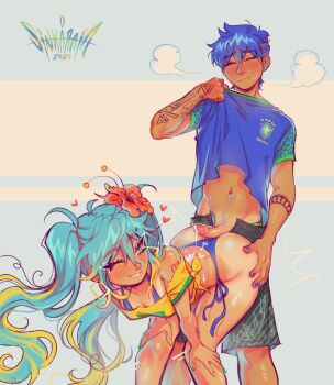 Rule 34 | 1boy, 1girl, alt text, aqua eyes, aqua hair, arm tattoo, ass, bikini, black shorts, blue bikini, blue hair, blue nails, blue shirt, blush, bound, brazilian miku, breasts, buttjob, cleavage, commentary request, cum, cum on back, cum on body, erection, flower, green nails, hair flower, hair ornament, hands on own hips, hatsune miku, hetero, highres, juliet sleeves, kaito (vocaloid), long sleeves, medium breasts, navel, off-shoulder shirt, off shoulder, one eye closed, open fly, penis, portuguese commentary, puffy sleeves, shirt, shorts, sintastein, smile, steaming body, sweat, swimsuit, tan, tanline, tattoo, uncensored, vocaloid, yellow nails