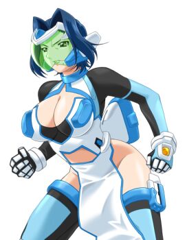 1girl blue_hair blue_thighhighs breasts cleavage clothing_cutout face_shield game_cg gan-chan_(artist) green_eyes hair_intakes hishidou_aiko hitozuma_sentai_aisaiger large_breasts large_variant_set magical_girl no_panties non-web_source official_art pelvic_curtain saiger_iris short_hair solo thighhighs transparent_background variant_set