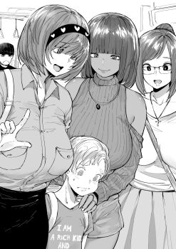 2boys 3girls :d age_difference aged_down ara_ara artist_self-insert backpack bag bare_shoulders beanie between_breasts blunt_bangs breasts child clothes_writing collared_shirt commentary cross cross_necklace dark_skin dress_shirt english_commentary facial_hair glasses greyscale hairband handbag hat hetero high_ponytail highres hime_cut index_finger_raised jewelry large_breasts looking_at_another mature_female monochrome multiple_boys multiple_girls necklace norman_maggot onee-shota open_mouth original pendant ponytail ribbed_shirt shirt short_hair short_shorts shorts skirt smile standing strap_between_breasts sweatdrop swept_bangs t-shirt tan tearing_up