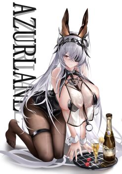 1girl absurdres animal_ears azur_lane bare_shoulders black_leotard bottle breast_curtain breasts brown_pantyhose chinese_commentary copyright_name dice eyepatch fake_animal_ears fritz_rumey_(azur_lane) fritz_rumey_(schwarzes_kaninchen)_(azur_lane) highres huge_breasts iue_(pixiv_95802465) leotard long_hair official_alternate_costume pantyhose playboy_bunny rabbit_ears red_eyes see-through_breast_curtain see-through_clothes simple_background thigh_strap v_arms very_long_hair white_background white_hair white_wrist_cuffs wrist_cuffs