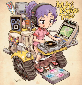 1girl arcade_cabinet arcade_stick arrow_(symbol) banner breasts brown_skirt caterpillar_tracks clothes_pull collared_shirt controller convenient_censoring crt english_text exhaust_pipe faucet food full_body game_controller headphones high_ponytail ice_cream jbl_(company) joystick kiichi motor_vehicle original panties panty_pull phonograph pink_shirt pink_shoes ponytail purple_hair shirt shoes short_hair simple_background sitting skirt skirt_pull small_breasts sneakers soft_serve solo speaker toilet_paper toilet_seat translated turntable underwear vinyl_record white_panties wing_collar