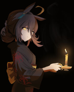 Rule 34 | 1girl, absurdres, animal ears, back bow, bbang tkt, black hair, black kimono, bow, candle, closed mouth, commentary, eyes visible through hair, floral print, floral print kimono, hair between eyes, hair bun, highres, holding, holding candle, horse ears, horse girl, japanese clothes, kimono, looking at viewer, manhattan cafe (umamusume), obi, print kimono, sash, solo, spider lily print, umamusume, untranslatable commentary, yellow background, yellow sash