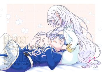 1boy 1girl aruna belt blue_hair blue_jacket border braiding_another&#039;s_hair closed_eyes earrings elf finger_to_another&#039;s_cheek frieren gold_trim grid_background hair_between_eyes hands_in_another&#039;s_hair hetero highres himmel_(sousou_no_frieren) jacket jewelry lap_pillow long_hair mole mole_under_eye open_mouth pants pink_background pointy_ears short_hair sidelocks signature skirt smile sousou_no_frieren white_belt white_border white_hair white_jacket white_pants white_skirt white_trim
