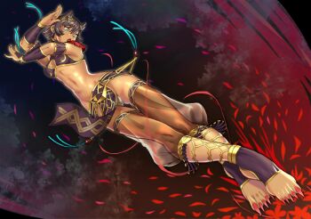 1girl anklet beads black_loincloth breasts bridal_gauntlets brown_hair center_opening fang feet fighting_stance fingernails flying_kick from_below full_body gold_anklet gold_trim green_eyes hitomaruniigo incoming_attack jewelry kicking linea_alba loincloth long_toenails looking_to_the_side midriff nail_polish navel neptora open_mouth original panties pantyshot petals red_nails revealing_clothes rose_petals see-through_clothes sharp_toenails shiny_skin skin_fang small_breasts solo stirrup_legwear tan toeless_legwear toenail_polish toenails tongue underwear vambraces white_panties