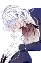 Rule 34 | 2boys, absurdres, artist request, closed eyes, commentary request, ensemble stars!, facing another, fingernails, greyscale, highres, lapels, long hair, long sleeves, looking at another, male focus, monochrome, morisawa chiaki, multiple boys, notched lapels, shinkai kanata, short hair, tears, upper body, white background, yaoi