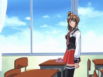 00s 1girl 2001 angry animated animated_gif bible_black bible_black_night_of_the_walpulgiss breasts brown_hair classroom collared_shirt desk green_eyes hair_ornament imari_kurumi indoors long_hair lunchbox microskirt multiple_girls necktie ponytail school_uniform shirt side_ponytail skirt smile tagme thighhighs white_shirt zettai_ryouiki