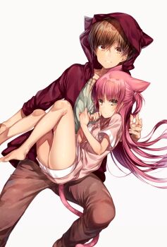 1boy 1girl alternate_costume animal_ear_hood animal_ears barefoot brown_eyes brown_hair brown_pants casual cat_ears cat_girl cat_tail chi_no closed_mouth crossed_bangs eyes_visible_through_hair fake_animal_ears feet_out_of_frame floating_hair foot_out_of_frame frown grey_eyes grin hair_between_eyes hands_up hood hood_up hooded_jacket jacket katou_umi knees_up light_blush long_hair long_sleeves looking_at_viewer open_clothes open_jacket pants pink_shirt pink_tail purple_hair red_jacket shiny_skin shirt short_hair short_sleeves sitting sitting_on_lap sitting_on_person smile straight_hair summer_pockets tail tail_around_another&#039;s_leg takahara_hairi thighs transparent_background