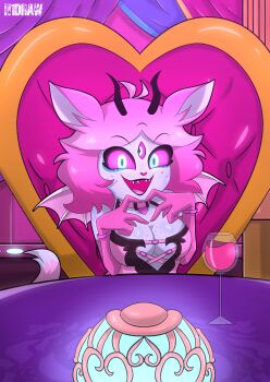 1girl alcohol animal_ears bat_wings breasts cat_ears choker cleavage drink elbow_gloves emberlynn_pinkle gloves h1draw hellaverse helluva_boss highres huge_breasts pink_hair shortstack tail wine wings