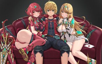1boy 2girls absurdres aegis_sword_(xenoblade) arm_around_shoulder arm_around_waist armor ass bare_shoulders black_gloves black_shorts blonde_hair blue_eyes breasts chest_jewel cleavage cleavage_cutout clothing_cutout commentary_request commission core_crystal_(xenoblade) couch dark_background dress earrings elbow_gloves fingerless_gloves floating_earrings gloves highres hood hood_down hooded_vest hoodie in-franchise_crossover jewelry knee_pads large_breasts letter long_hair looking_at_viewer monado monado_rex multiple_girls mythra_(xenoblade) necklace nemunemu_semi nintendo on_couch pyra_(xenoblade) red_eyes red_footwear red_hair red_shorts red_thighhighs red_vest short_dress short_hair short_shorts shorts shoulder_armor shulk_(xenoblade) sitting skeb_commission smash_invitation smile super_smash_bros. swept_bangs thigh_strap thighhighs tiara two-tone_gloves vest white_dress white_footwear white_gloves xenoblade_chronicles:_future_connected xenoblade_chronicles_(series) xenoblade_chronicles_1 xenoblade_chronicles_2 yellow_eyes