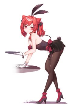 1girl :3 animal_ears ankle_strap azur_lane bare_shoulders bent_over black_leotard black_ribbon black_shoes black_skirt black_tail blush bow breasts brown_pantyhose cat_ears cleaning closed_mouth dated from_side full_body gloves hair_ornament hair_ribbon hairclip high_heels highres holding holding_tray i-19_(azur_lane) knees_together_feet_apart leotard looking_at_viewer looking_to_the_side medium_breasts medium_hair miniskirt pantyhose playboy_bunny rabbit_ears rabbit_tail raised_inner_eyebrows red_bow red_eyes red_hair red_socks ribbon shoes simple_background skirt smile socks solo standing swept_bangs thigh_strap tray twintails watchdog_rol_(y1104280730) white_background white_gloves x_hair_ornament